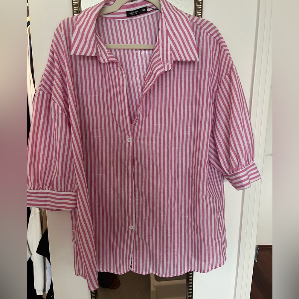 Pink & white striped button up, light and linen